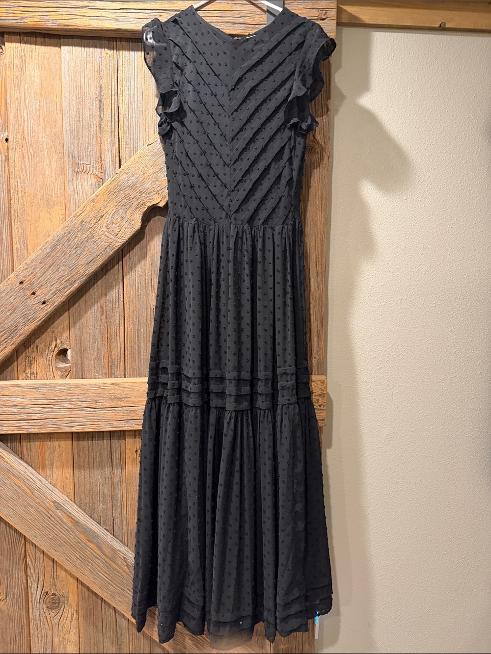 bohme Black Swiss Dot Ruffle Sleeve Maxi Dress